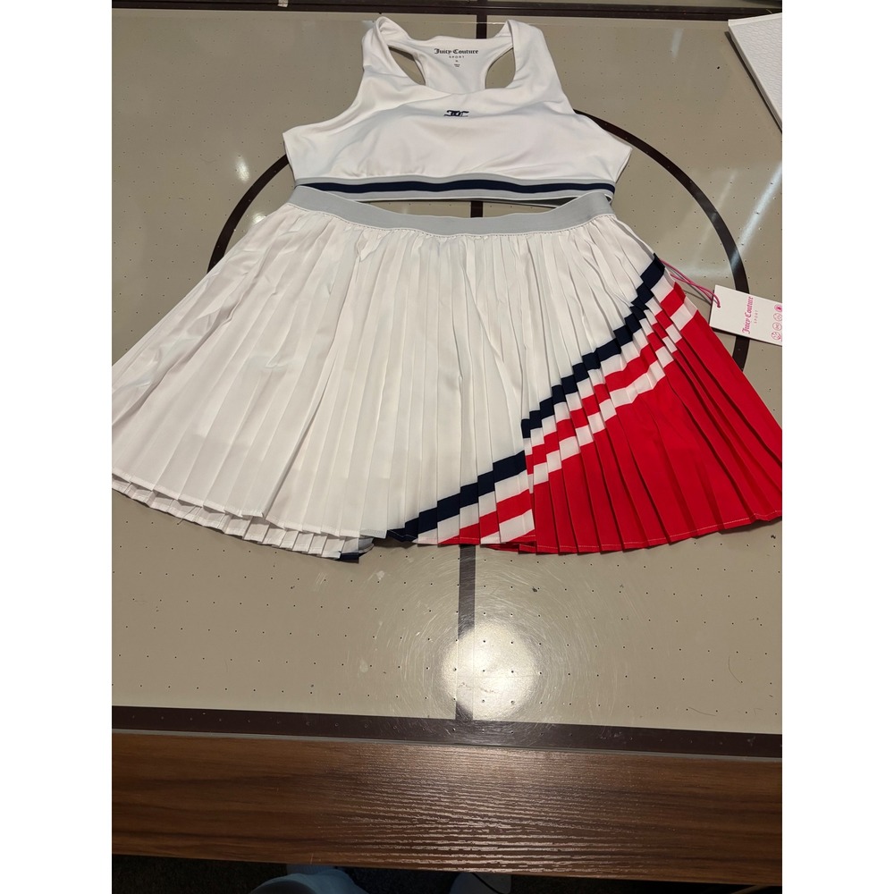Juicy Couture Sport Tennis Set XL White Red Blue Pleated Skort & Sports Bra NWT - Picture 2 of 7